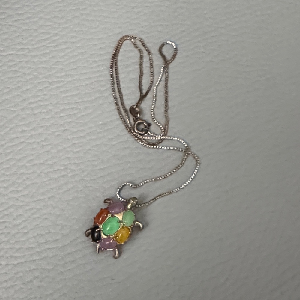 CABOCHON STERLING SILVER TURTLE PENDANT BOX CHAIN NECKLACE 17”
